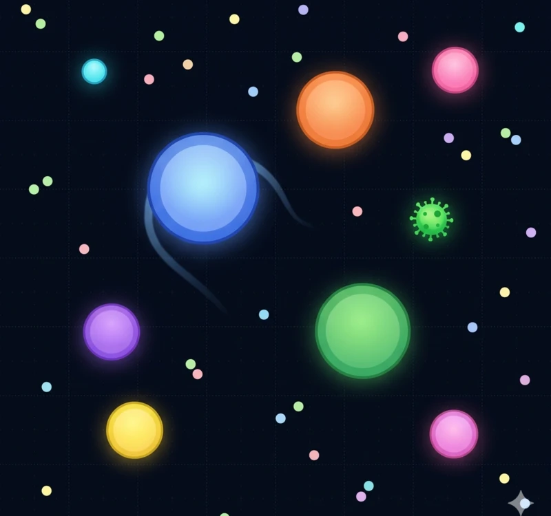 Top-down arena view with a blue blob in motion, orange chaser, tiny yellow escaping, a green spiky virus, and scattered food pellets