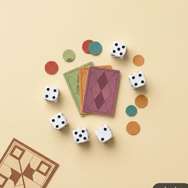 Paper-cutout tabletop scene with a fanned stack of blank cards, scattered dice, and colored paper tokens